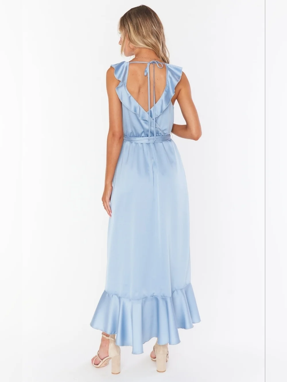 Show Me Your MuMu Samantha Ruffle Wrap Steel Blue Luxe Satin Dress S Wedding